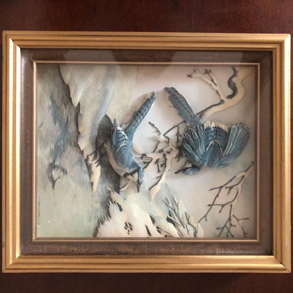 Vintage Paper Tole 3D picture art decoupage framed birds tree snow winter scene